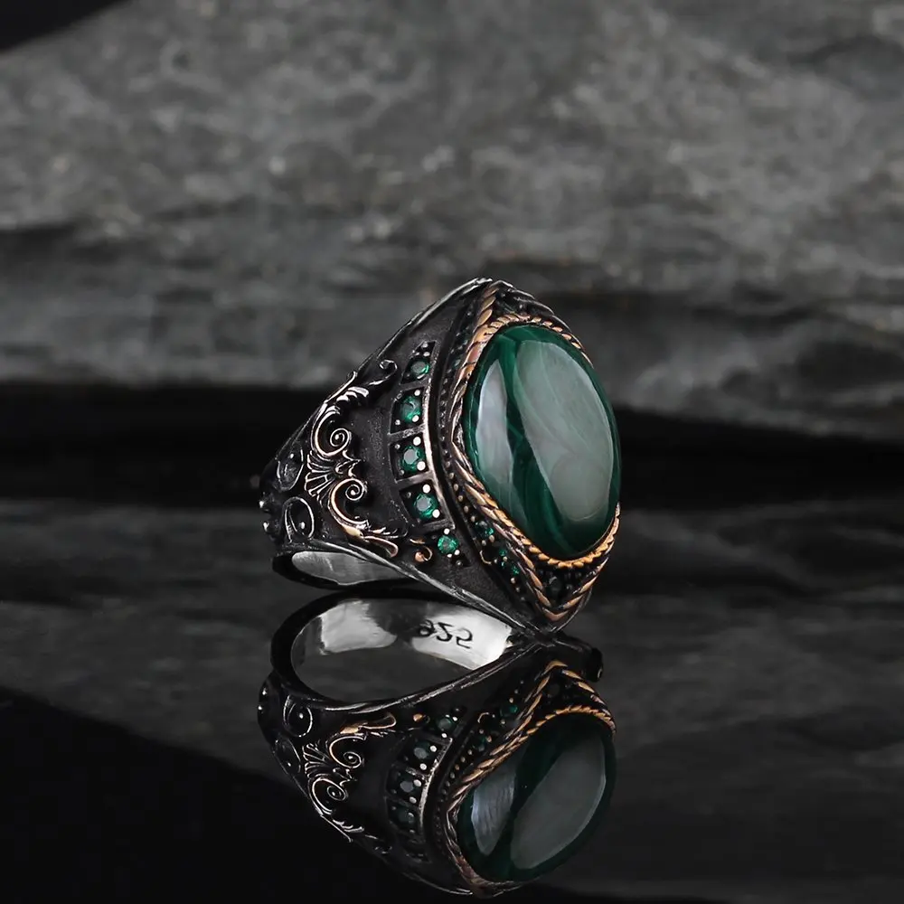 

Malachite Gemstone 925 Sterling Mens Silver Rings For Men, Gift Jewelry, Made in Turkey, vintage Real Natural Stone, Fashion 2022 Trend