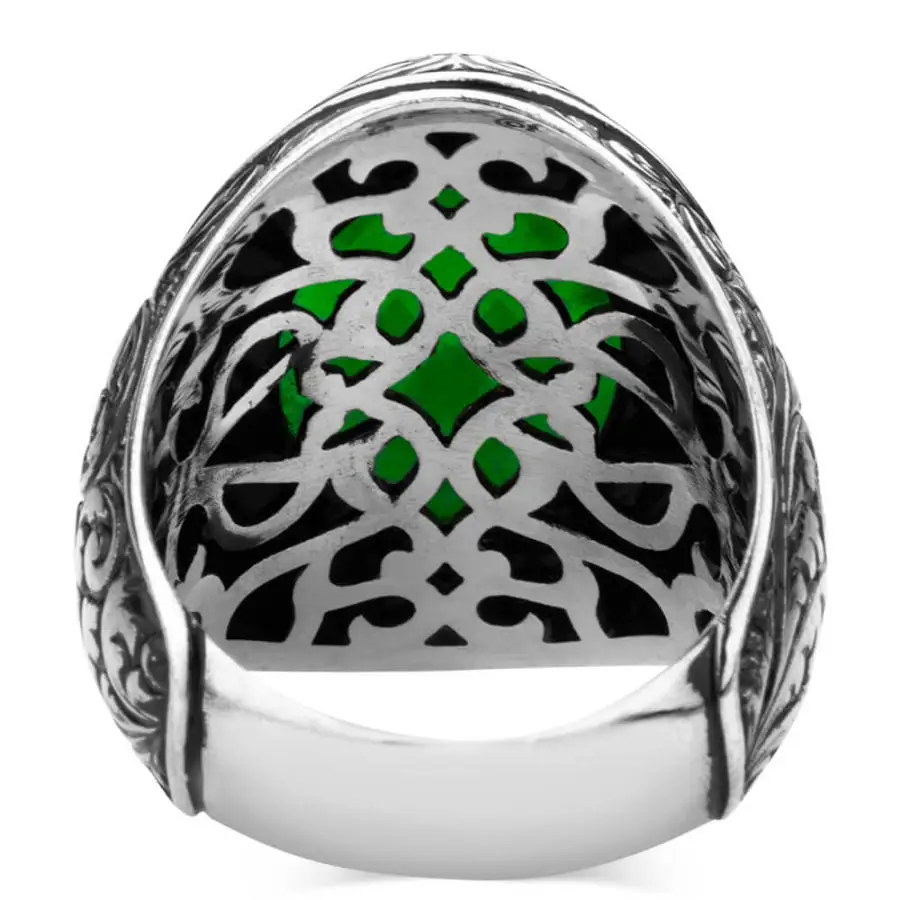 Sterling Silver Intricately Inlaid Mens Ring with Green Zircon Stone Fashion Turkish Premium Quality Handmade Jawelery