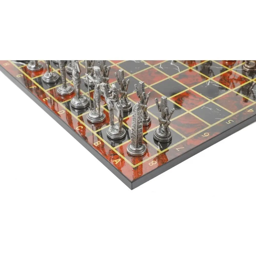 Luxury Metal Chess Set Chrome Plated Bronze Egyptian Army & Flame Red Marble Patterned Board Luxury Chess Board Game Chess Piece