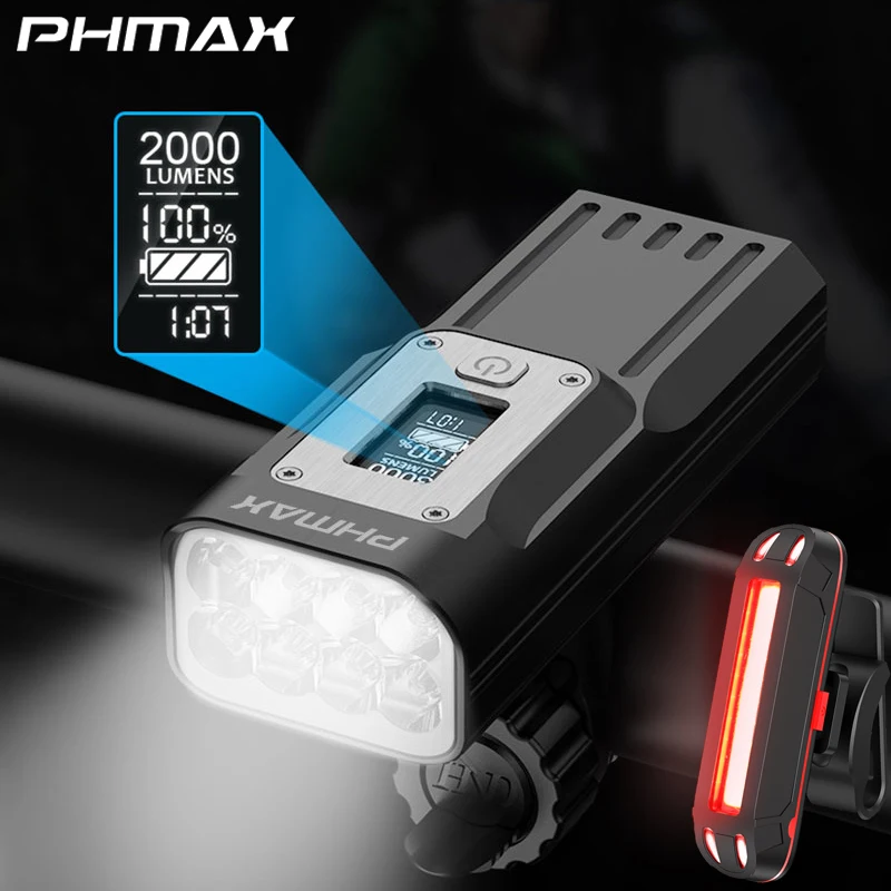 PHMAX Bicycle Light USB Charging Cycling Headlight 10000mAh Flashlight Road Bike Lamp OLED Display Rainproof Bike Front Light