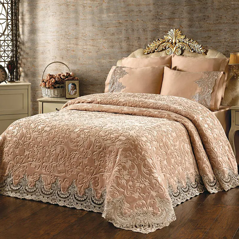 French Lace Special Design 6 Pieces Double Blanket Set Pillow Cases Bed Sheet Cotton Satin Fabric 230*245 CM - 3 Colors