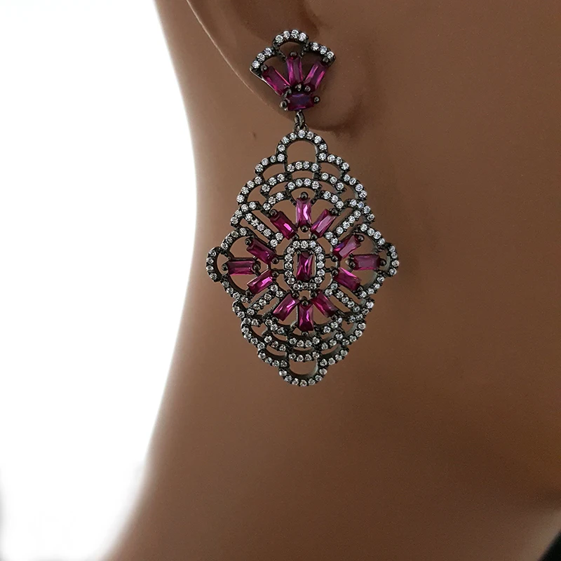 2020 New Arrival Hot Fashion Classic Women Enerald Ruby CZ Diamond Dangle Drop Earrings Female Turkish Luxury Wedding Statement Vintage Shining Jewelry