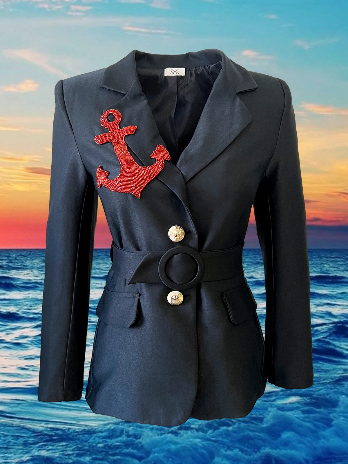 

2022 Fashion Handmade Embroidered Red Anchor Figured Navy Blue Blazer Women Jacket