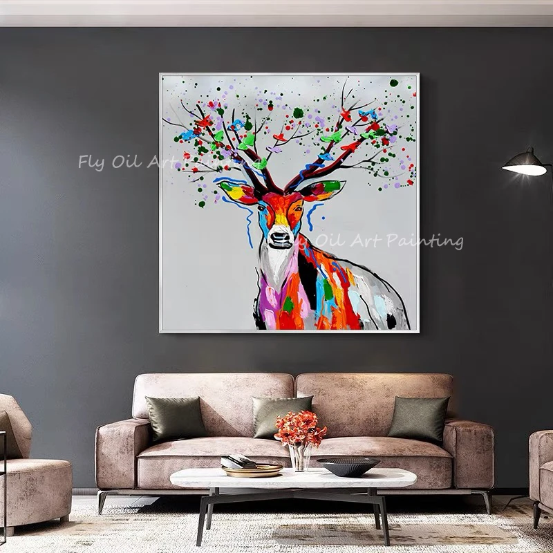 

100% Handmade deer colorful animal thick knife with grey canvas picture Oil Painting Artwork Canvas Wall Gift Decoratioin