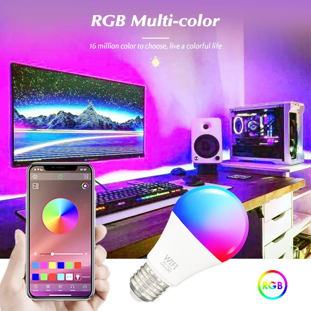 Bombilla inteligente E27/B22 con WiFi, lámpara LED regulable RGB de 15W, compatible con la aplicación Tuya Smart Life, Control por voz, para Yandex,