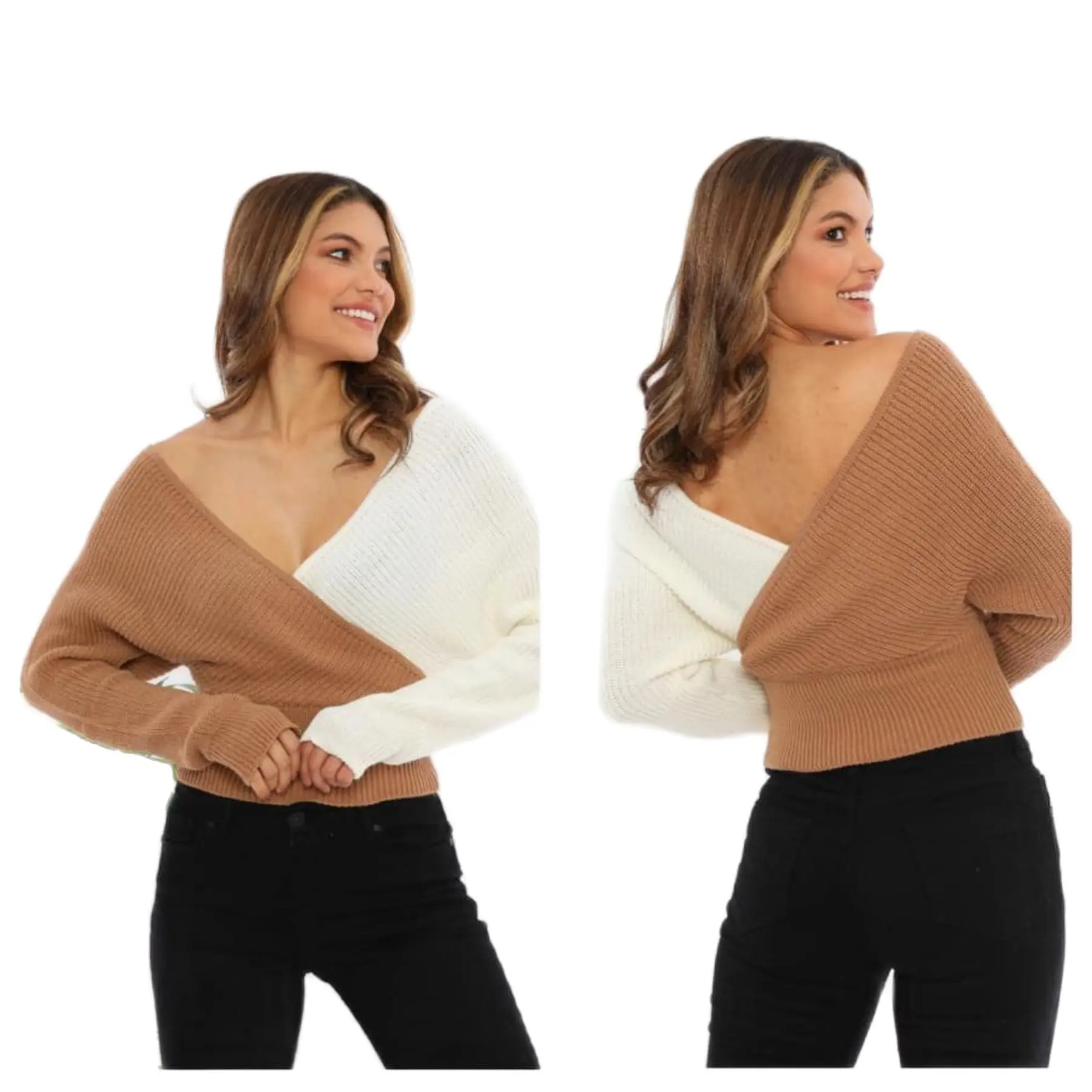 Dual Color Women's Sweater Two Colored Sweater Comfortable Deep V Collar Knitted One Size Big Size Pullover Turkey 2021 Fashion