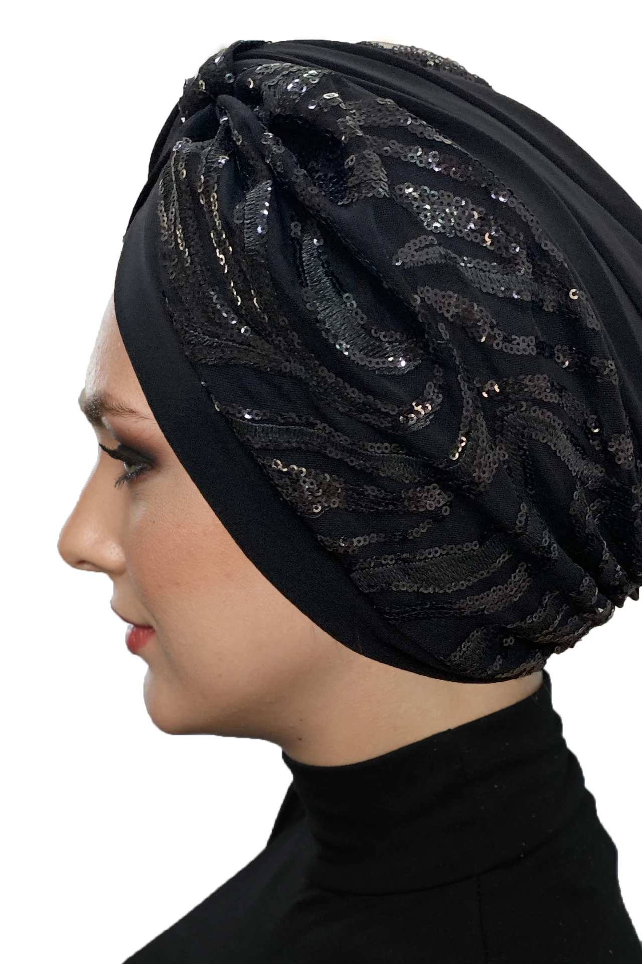 2022 New Fashion Black Patterned Sequined Ready Made Turban Hijab Bonnet Scarf Cancer Cap Special Women Product Beret Muslim Liner Chemo All Season Rib Lame Pearl Bead Custom Design