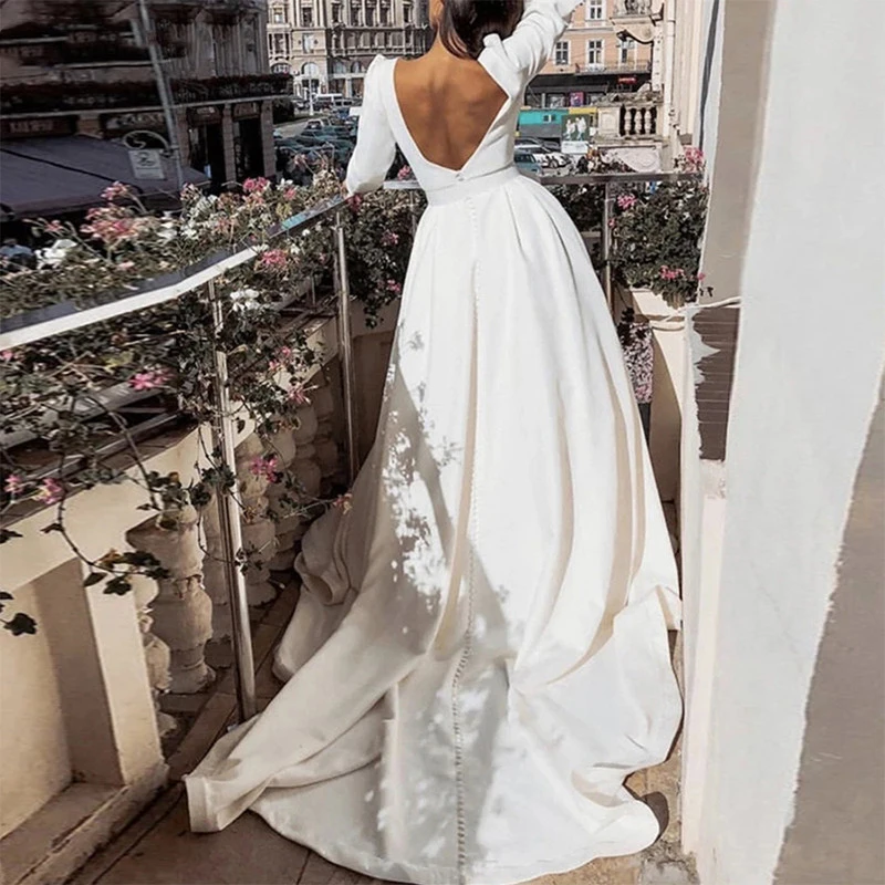 Satin Boat Neck Long Sleeves Wedding Dress Beach Outdoor Buttons Backless Custom Made 2021 Bridal Gown With Train Plus Sizes