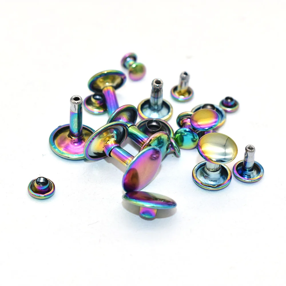 Metal Double Cap Leather Rivets - Rainbow 6 Size Metal Rivet Studs for Leather Craft Clothes/Shoes/Bags/Belts Repair