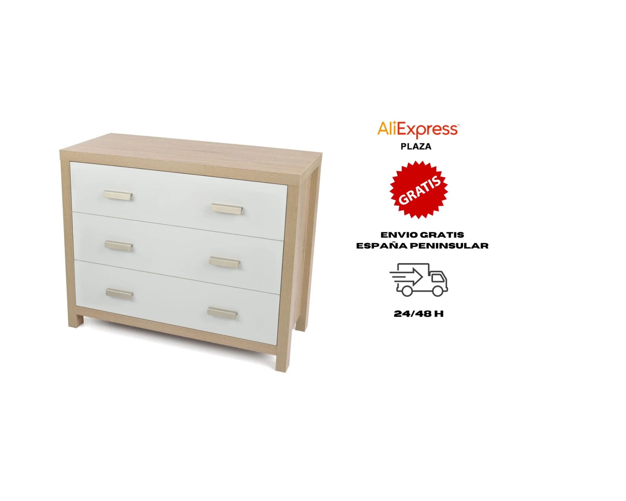 Comfortable bedroom 3 drawers with white Cambria metal guides. 70x88x39 cm. Bedroom furniture. Metal pulls.