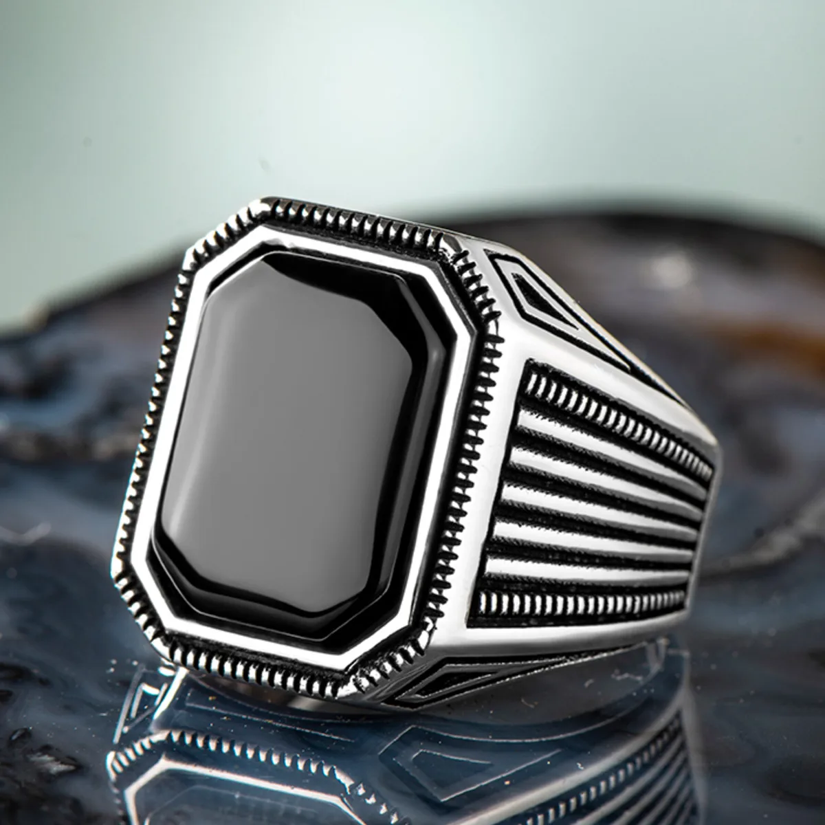 

925 Sterling Silver Rectangular Black Onyx Stone Men's Ring Exclusive Ring for Men Affordable Accessory Made in Turkey