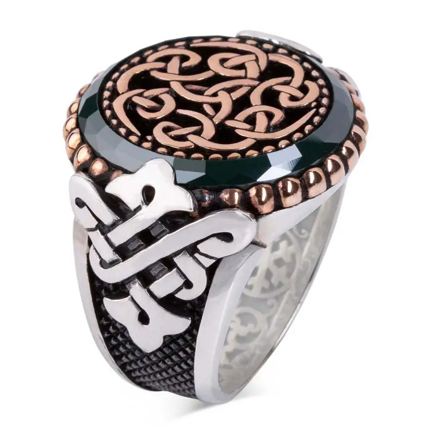 Special Design 925 Sterling Silver Men's Ring Surrounded by Green Stone Fashion Turkish Premium Quality Handmade Jawelery