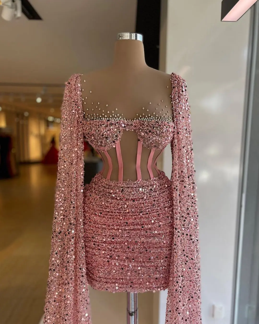 Gorgeous Pink Cocktail Dresses With Cape Corset Top Sequin Pleat Short Prom Gowns Sheer Neck Beaded vestido de fiesta Customized