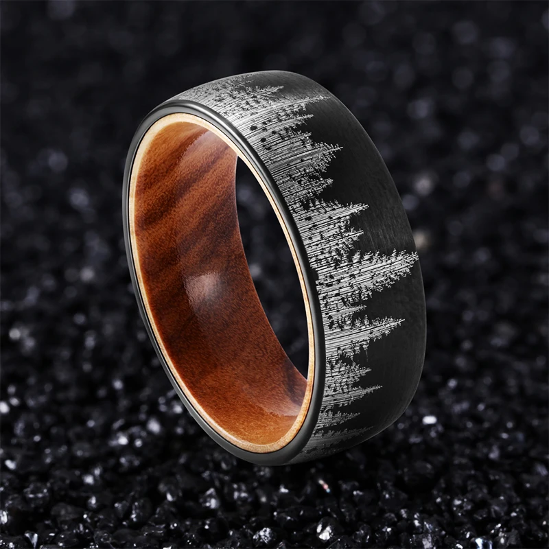 Rings For Men  Popular Models Tungsten Steel Ring 8mm Laser Forest Pattern With Solid Wood Inner Black Steel 2 Color