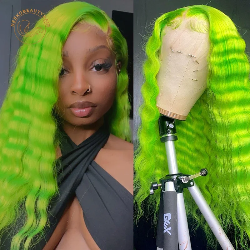 

Lace Frontal Wigs Lime Green Rose Gold Pink Grey Red 13X4 Lace Front Wig 180% Density Deep Wave Colored Human Hair Closure Wigs