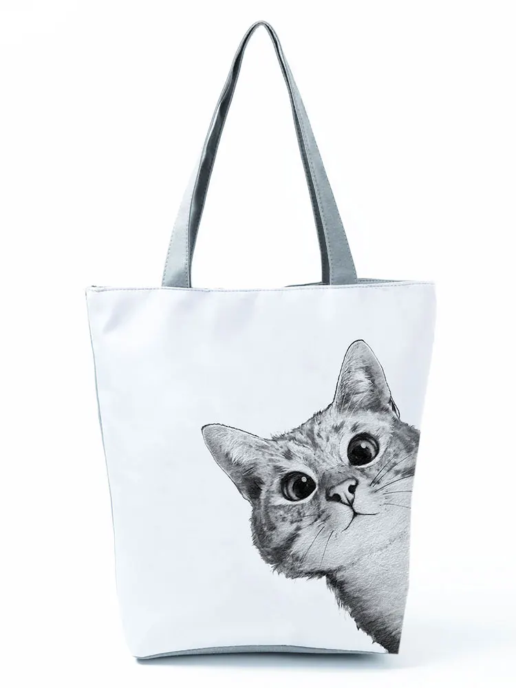 Cute Cat Printed Women\'s Bag  Simple Handbag Practical Art  Big Capacity Schoolbag Polyester Durable Shopper Travel Beach Tote