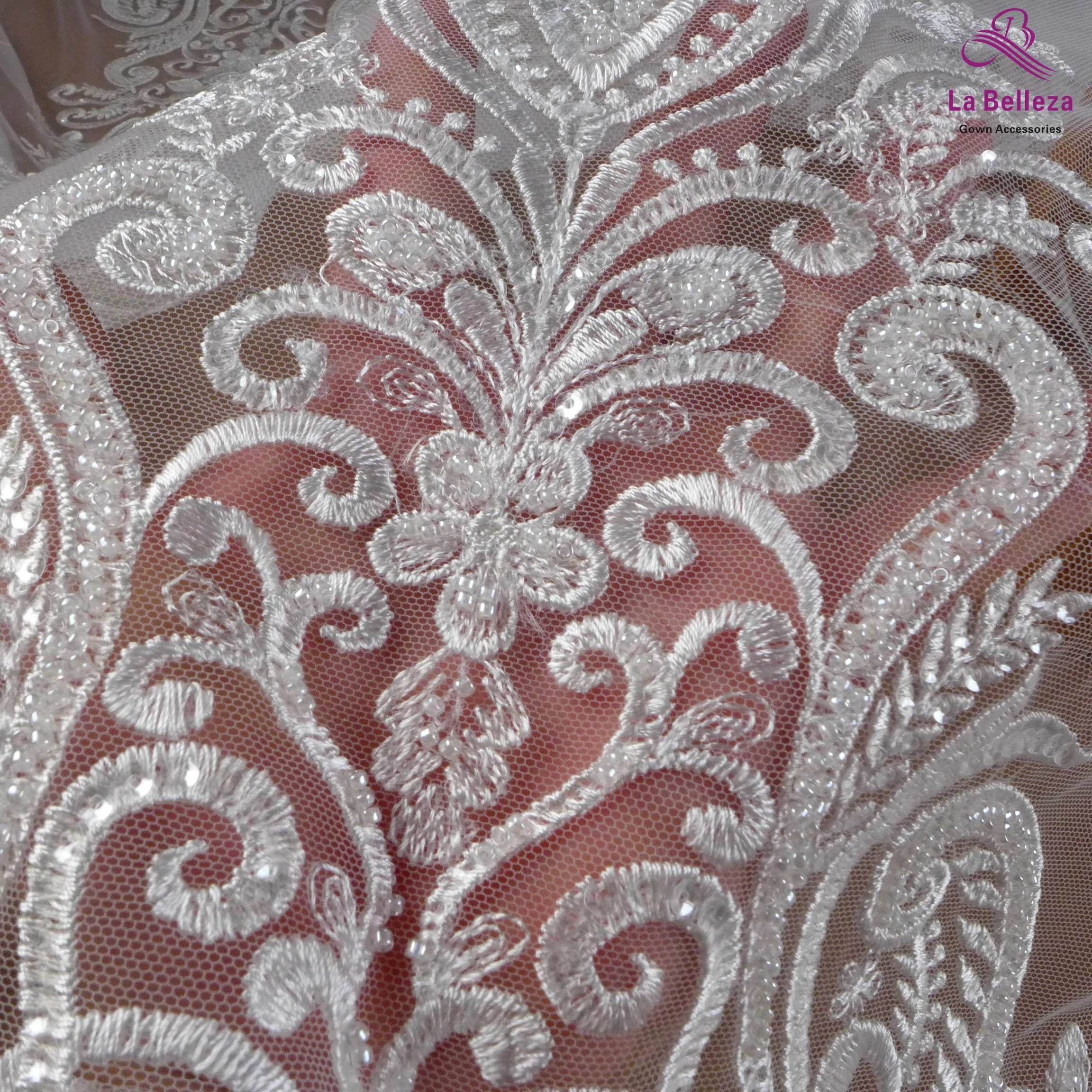 La Belleza new lace fabric,beads embroidery bridal lace fabric,polyester with clear sequins large patterns lace fabric 1 yard