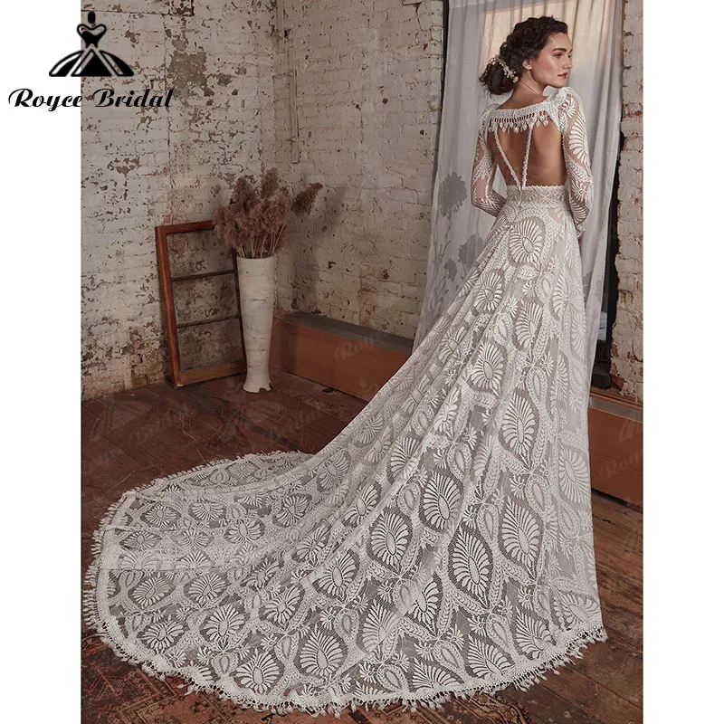 Sexy Bohemian Boho Wedding Dress with Detachable Long Sleeve A Line V Neck Lace Backless Spaghetti Straps Bridal Gown Customized