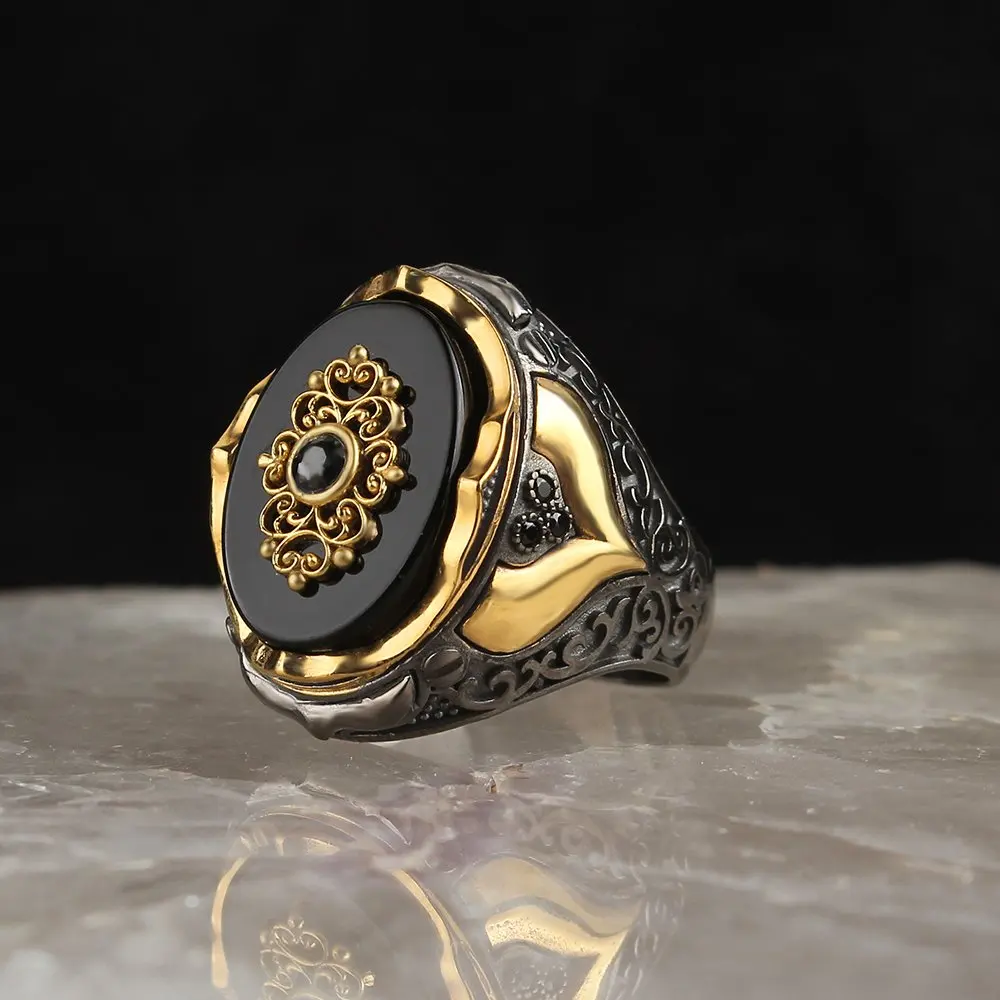 Lapping Plated Onyx Stone Men 'S Silver Ring