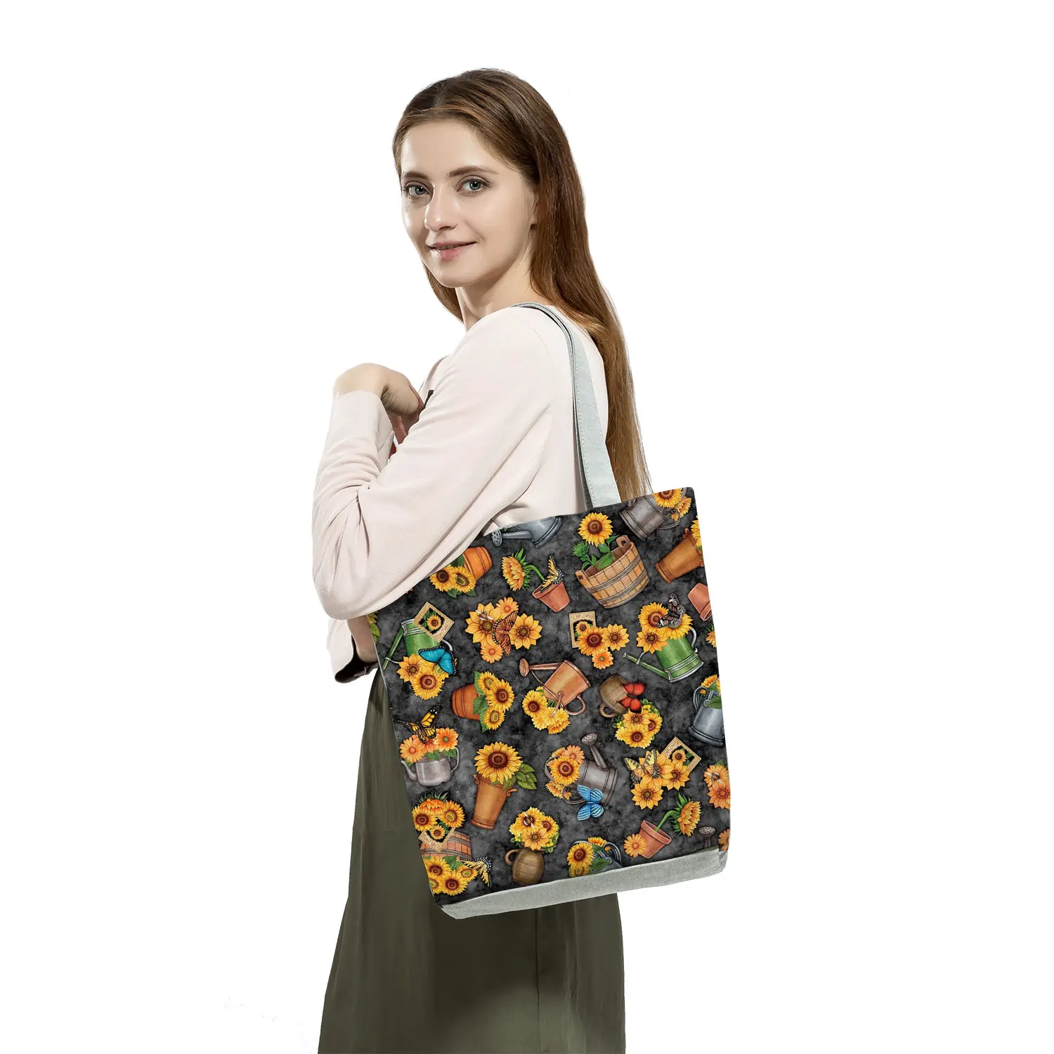 Sunflower Floral Fashion Printed Handbags Outdoor Eco Friendly Women Shoulder Bag High Capacity Portable Foldable Shopping Bag