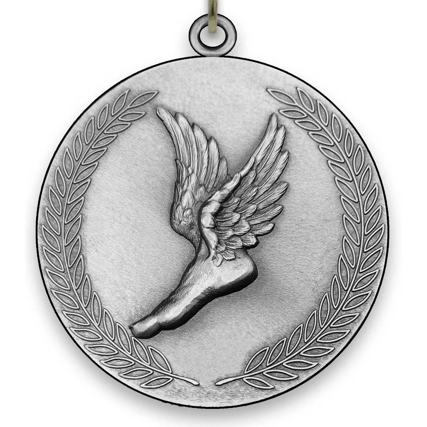 Large Metal Winged Foot Silver Medal - 6,4 cm - with Neck Ribbon size 2.2cm x 80 cm, Choice of Ribbon Colours.