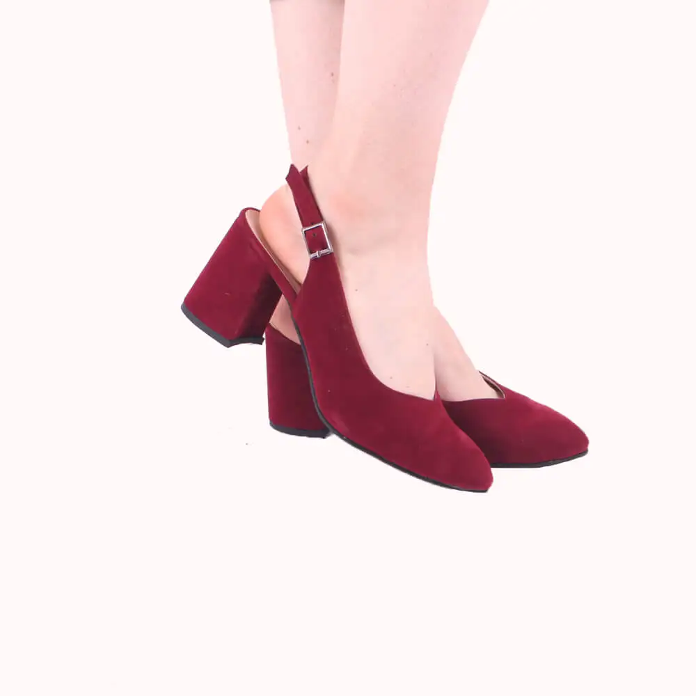 Burgundy Suede Ankle Strap Women Sandals Pointed Toe Heels for Women Thick Heel Pumps for Women 7 cm Heels Women Ladies Pumps