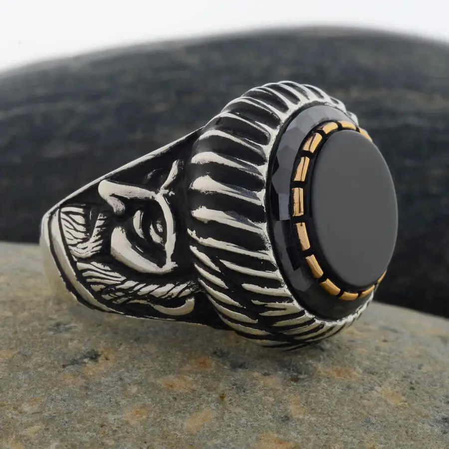 Mehmet the Conqueror Patterned Black Onyx Stone Silver Men's Ring Fashion Turkish Premium Quality Handmade Jawelery