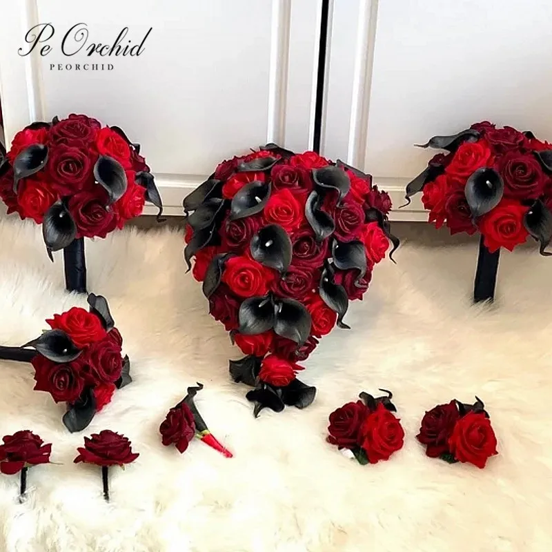 PEORCHID Charm Black and Red Wedding Bouquet Real Touch Calla Lily Artificial Bridesmaid Flowers Waterfall Bridal Bouquets