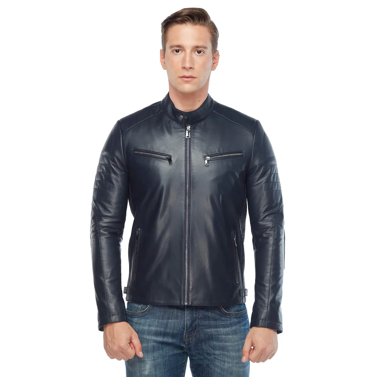 Brando Men Sports Leather Jacket Navy Orjinal Lambskin Autumn Winter 2022 Biker Slim Large Size VintageTürkiye