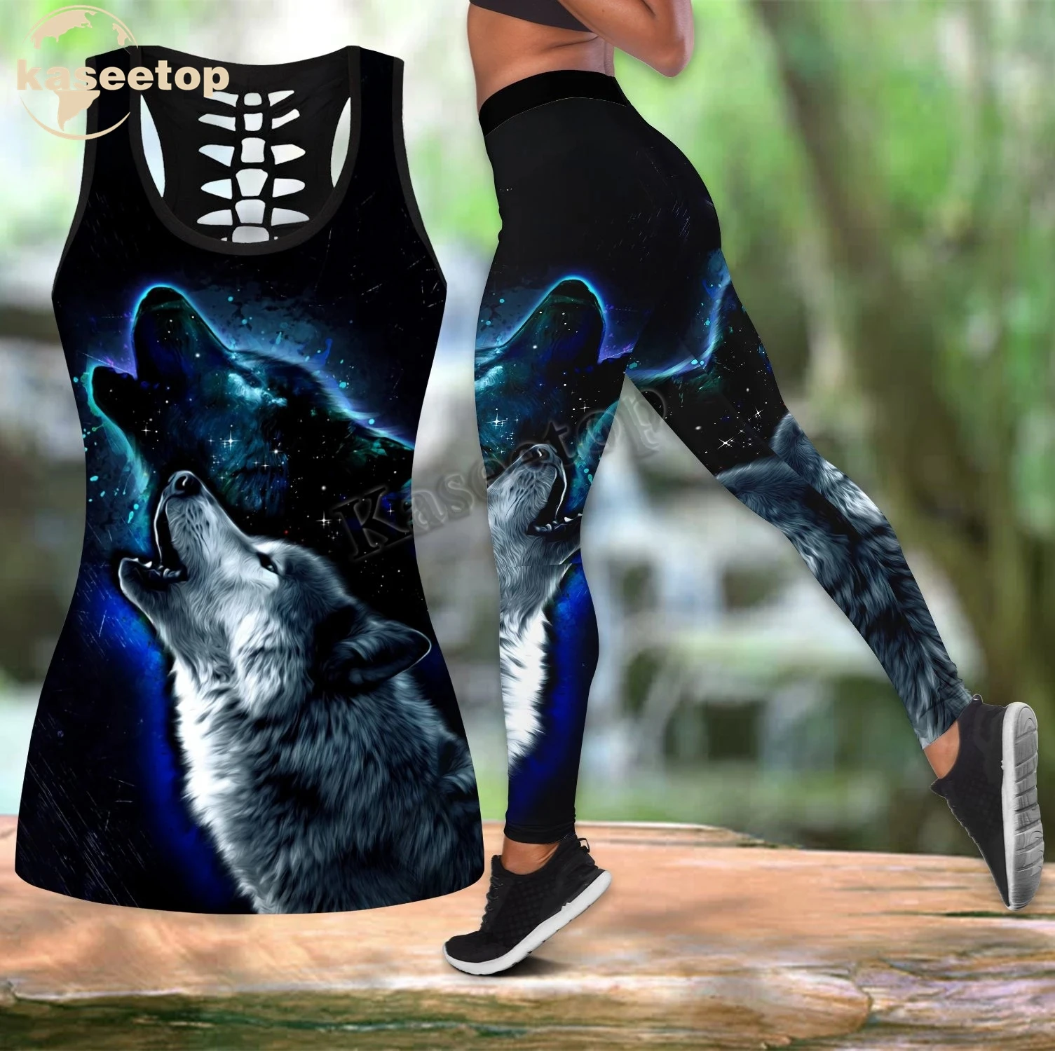 Female Wolf Tank Top 3D Print Women Two Piece Yoga Set Vest Hollow Combo Tank Top Legging Waist Sport Fitness Quick Dry LK303