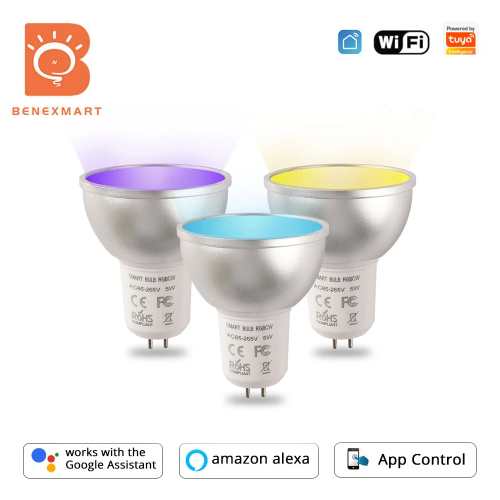 Benexmart Tuya WiFi GU5.3 Smart LED Light Bulb RGBCW Spotlighting 5W Dimmable Ceiling Lamp Alice Alexa Google Home Control