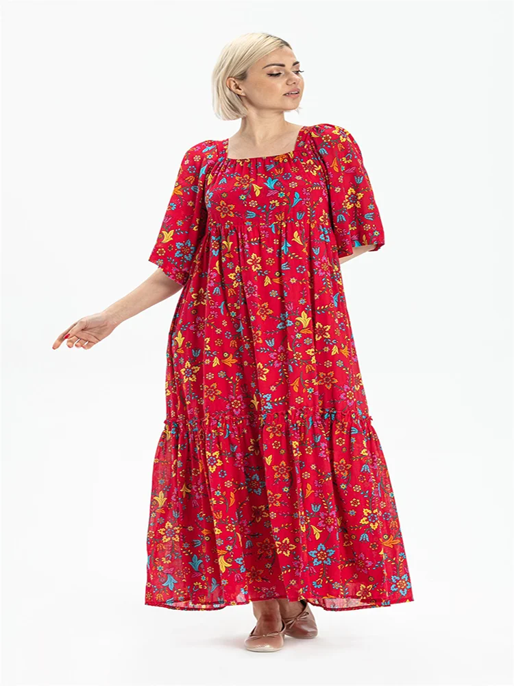 

Patterned Square Collar Quick Drying Breathable Sweat-Repellent Ultra Light Summer Voile Fabric Long Women's Dress