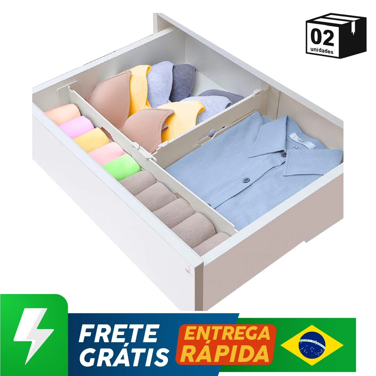 Kit with 2 Organizers Drawers and Dividing Drawers Topen Home in White Adjustable Color 33 up to 55 cm