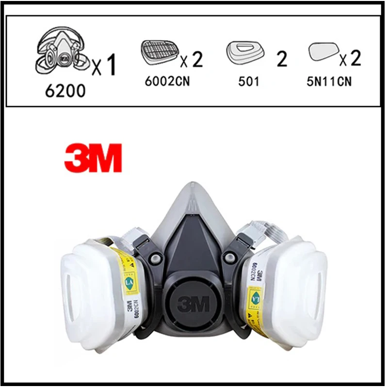 3M 6200+6002 Half Facepiece Reusable Respirator Respiratory Protection NIOSH Standard Gas Cartridges Acid Gas Mask F0000