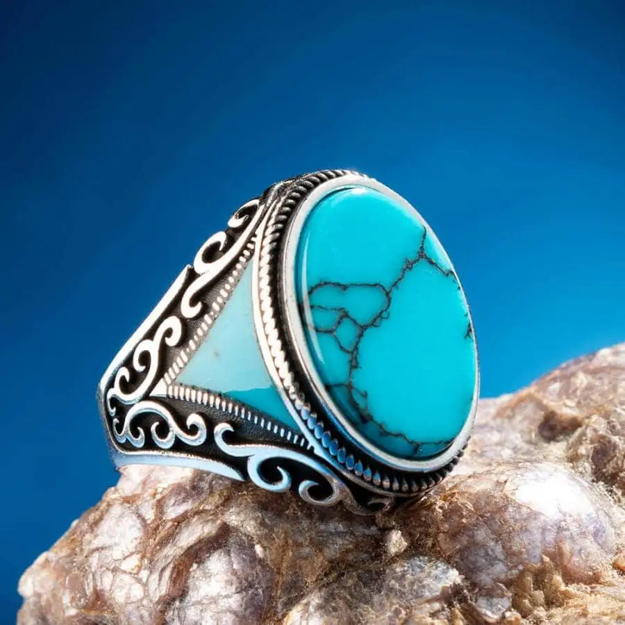 Oval Shaped Sterling Silver Mens Ring with Turquoise Chalchuite Stone Fashion Turkish Premium Quality Handmade Jawelery