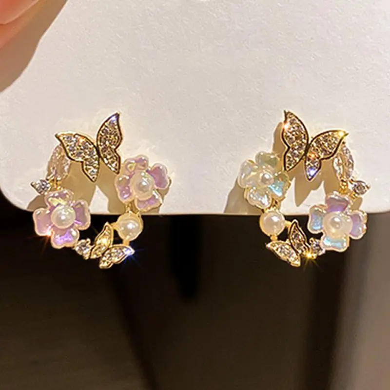Neue koreanische hohle Kranz-Blumen-Ohrringe für Frauen, Kristall-Zirkon, süße Bienen-Schmetterlings-Ohrstecker, Hochzeits-Party-Schmuck – Detail 5