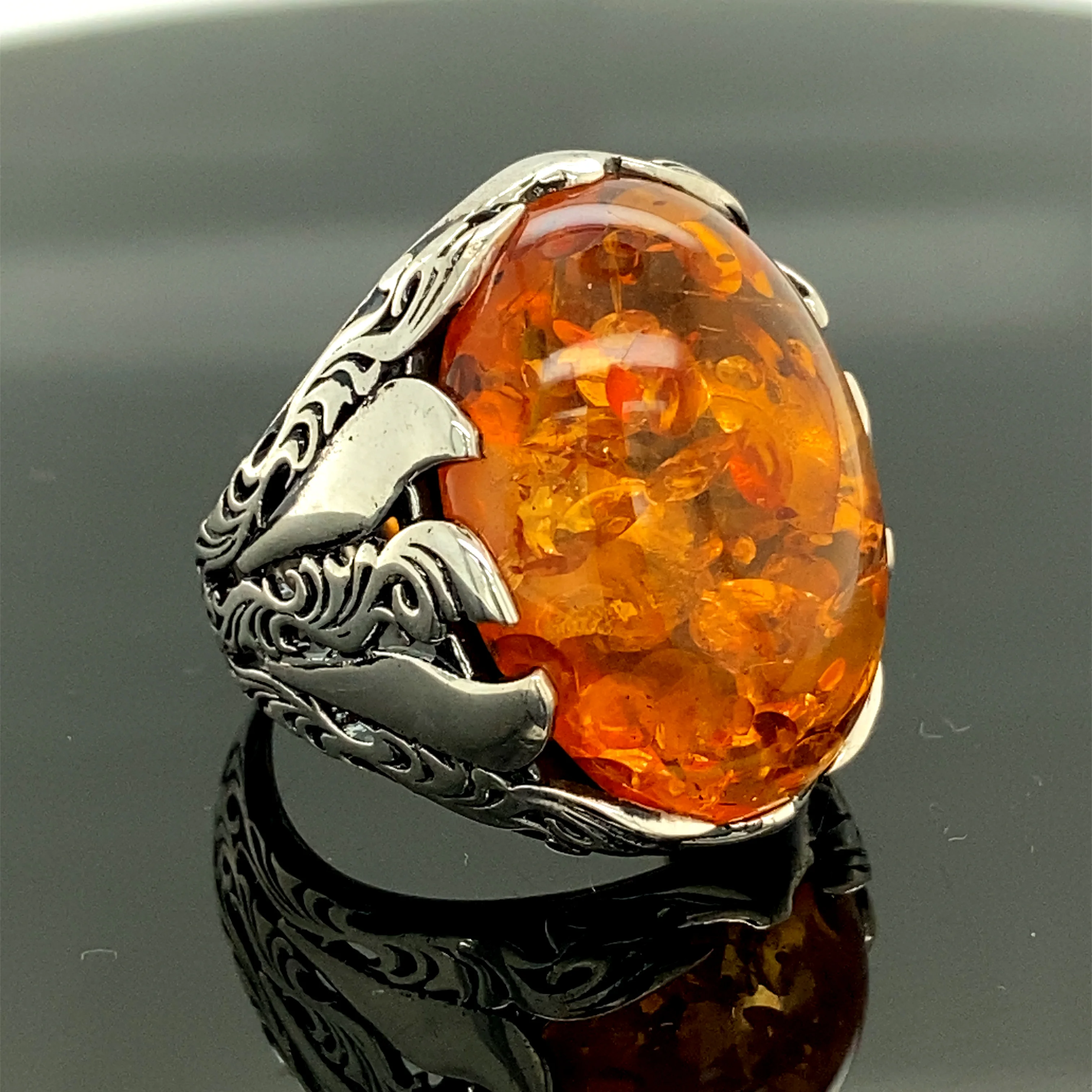 Amber Stone Ring, Silver Amber Stone Men's Ring, Ottoman Jewelry Hand Made.