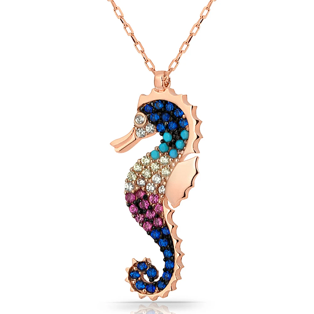 New Design Multiple Color Cubic Zirconia Zircon Seahorse Silver Necklace Gold Plated Pendant Jewelry