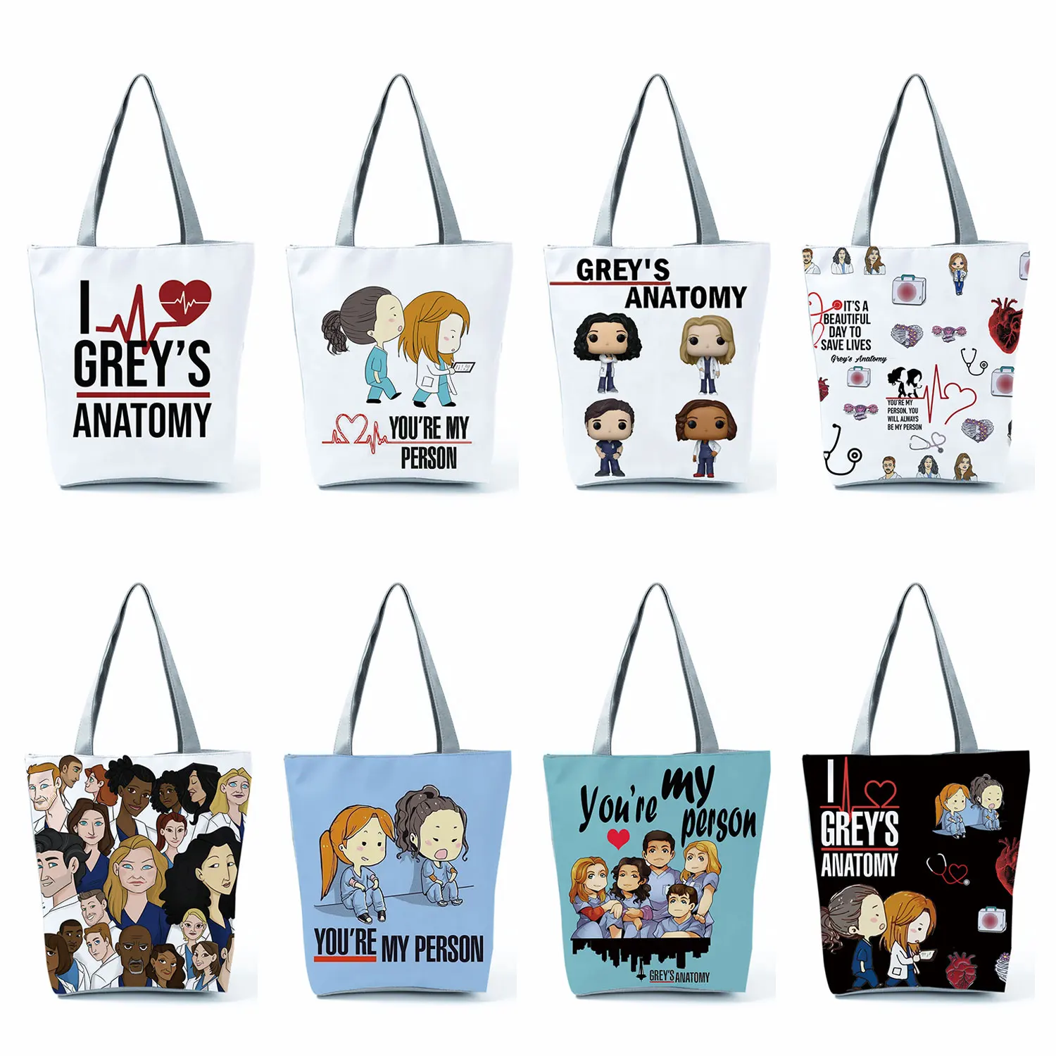 Cartoon Greys Anatomy Print Tote Women You're My Person Letter Harajuku Fashion Handbag Eco Reusable High Capacity Shopping Bags