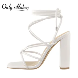 Onlymaker Women Sandals Square Toe Summer White Matte Lace Up Knotted  Cross-Tied Chunky High Heels Fashion Sandals