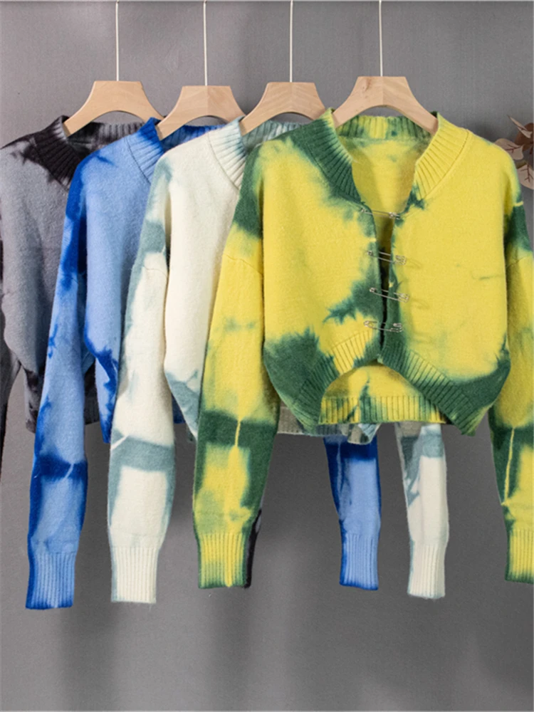 Colorfaith – Cardigans Vintage Tie Dye, nouveauté 2022 Y2K, à la mode, automne hiver, pulls courts pour femmes