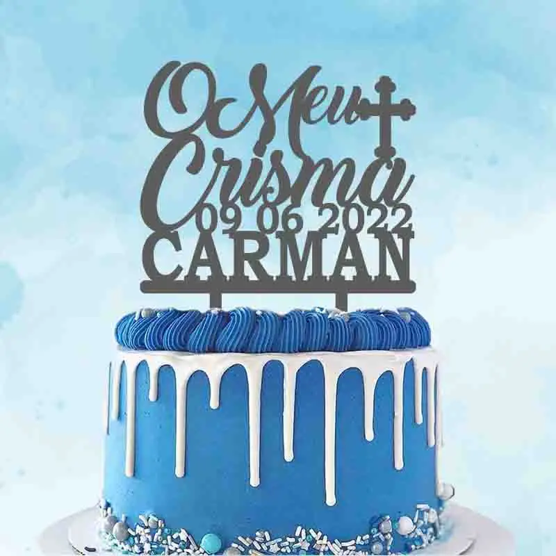 Nombre personalizado fecha portugués O Meu Crisma + su nombre fecha para Portugal niños bautismo fiesta pastel decoración Topper YC357