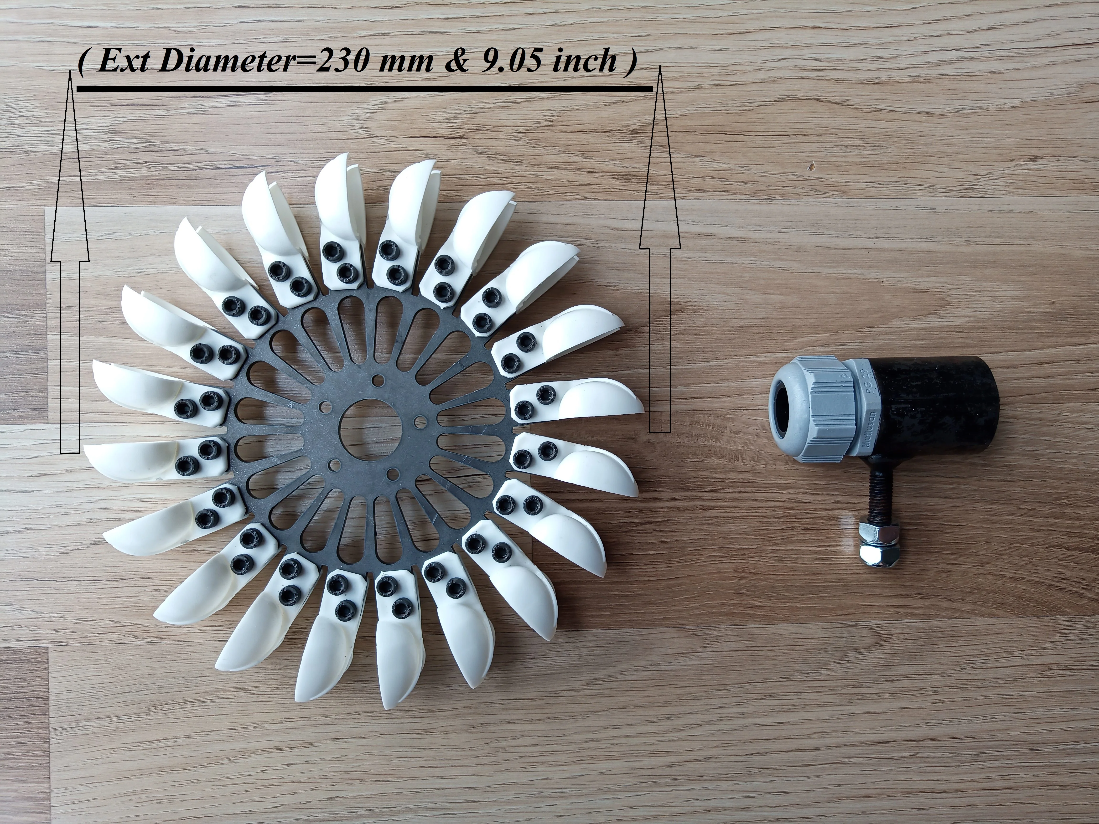 Pelton Turbine Wheel, 20 Spoon Nozzle Unassembled 230 mm 9.05 inch