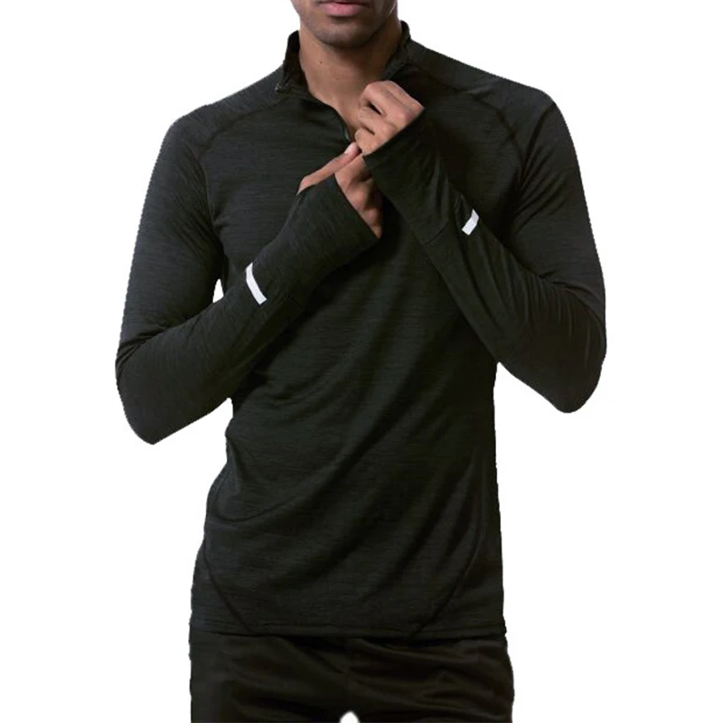High Quality 1/4 Zipper Men Black Long Sleeve Compression Bodybuilding T Shirts With Reflective Strips Joggging Hiking Shirts