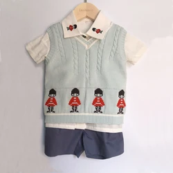 3 Pcs Children Boutique Clothing Set Boy Soldier Short Sleeve Cotton Shirt Sweater Vest Shorts Comfortable Handsom British Set