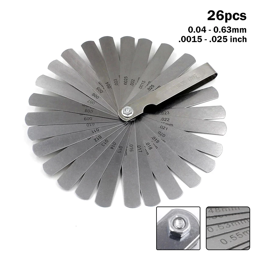 26 Blades Feeler Gauge Metric & Inch Gap Filler 0.04-0.63mm Thickness Gage for Measurment Tool