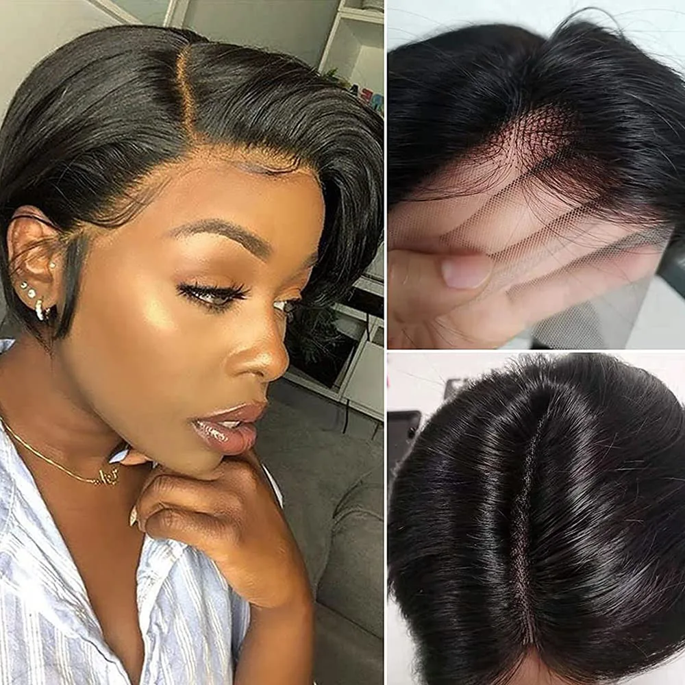 Curto Pixie Cut Wig Straight Bob Perucas de Cabelo Humano Parte T HD Transparente Lace Front Peruca Para Mulheres Side Lace Parte Perucas Brasileiras