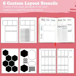 6Pack Reusable Plastic Weekly Layouts Journal Stencils for A5 Bullet Dot Grid Notebook, Save Time on Full-Page