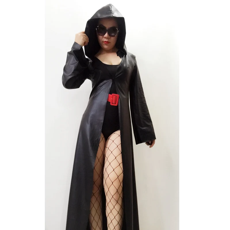 

Long PU Hooded Cape Long Dress Coat With Jumpsuit Bodysuit For Nightclub Stage,Cosplay Holy Day Party Show Costumes Full Sleeve