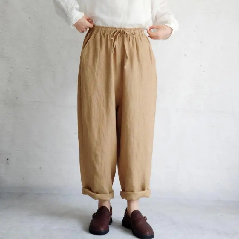 Spring Autumn Women All-match Loose Comfortable Water Washed Comfortable Breathable Linen Trousers Elastic Waist Wide Leg Pants